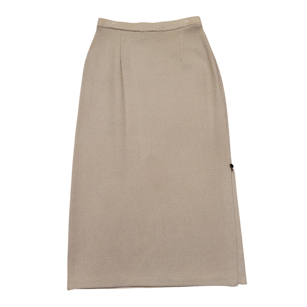 St‎ John Collection Marie Gray Beige Gold Metallic Knit Maxi Skirt Slit 6 Boucle